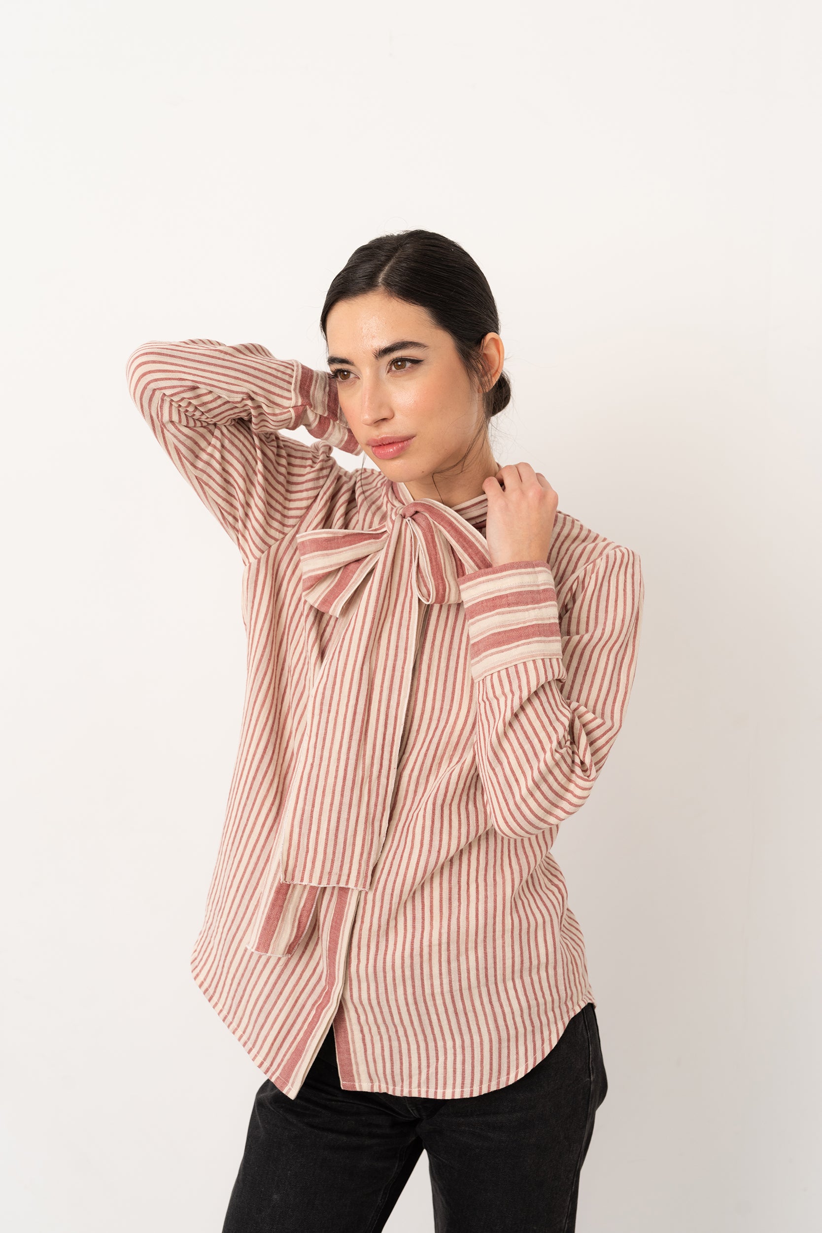Camisa lazada rayas rojo - Vanó Studio