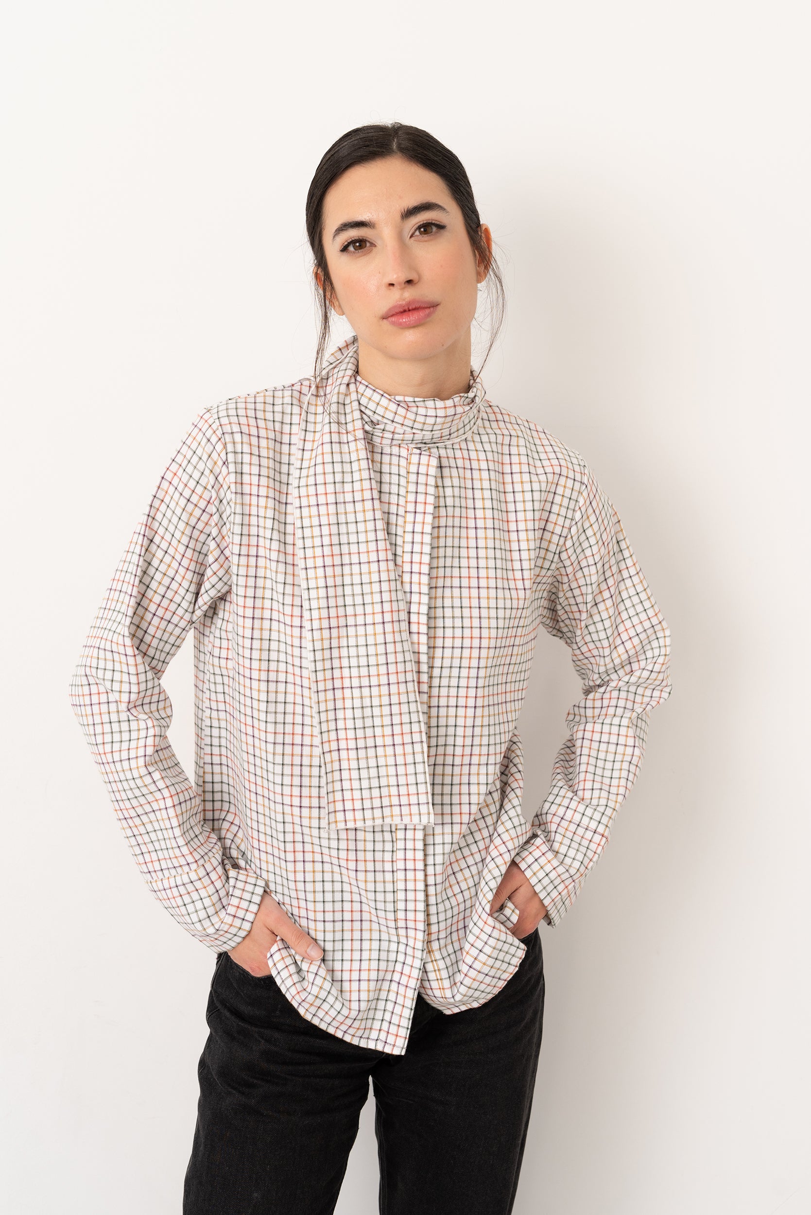 Camisa lazada cuadros beige claro - Vanó Studio