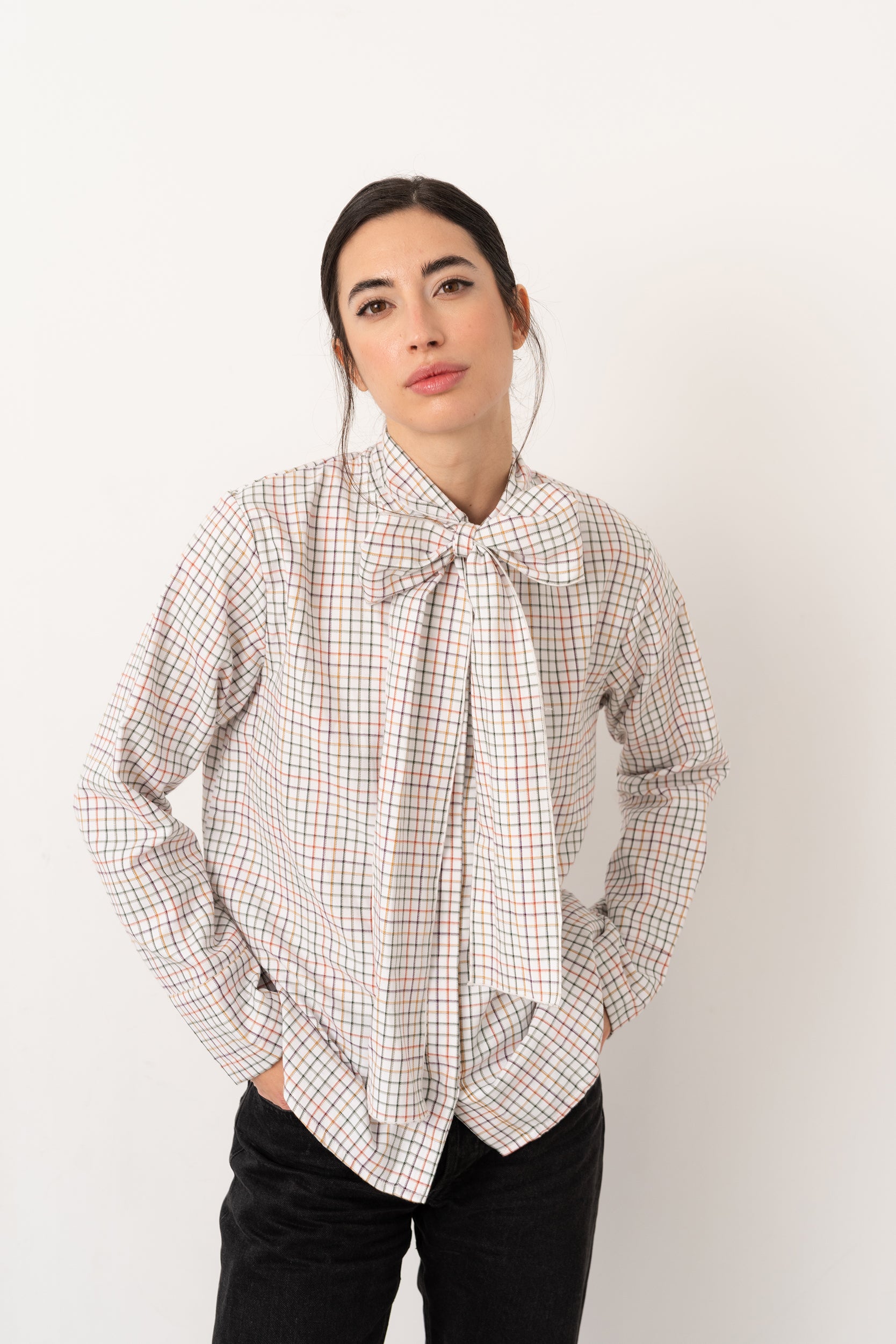 Camisa lazada cuadros beige claro - Vanó Studio