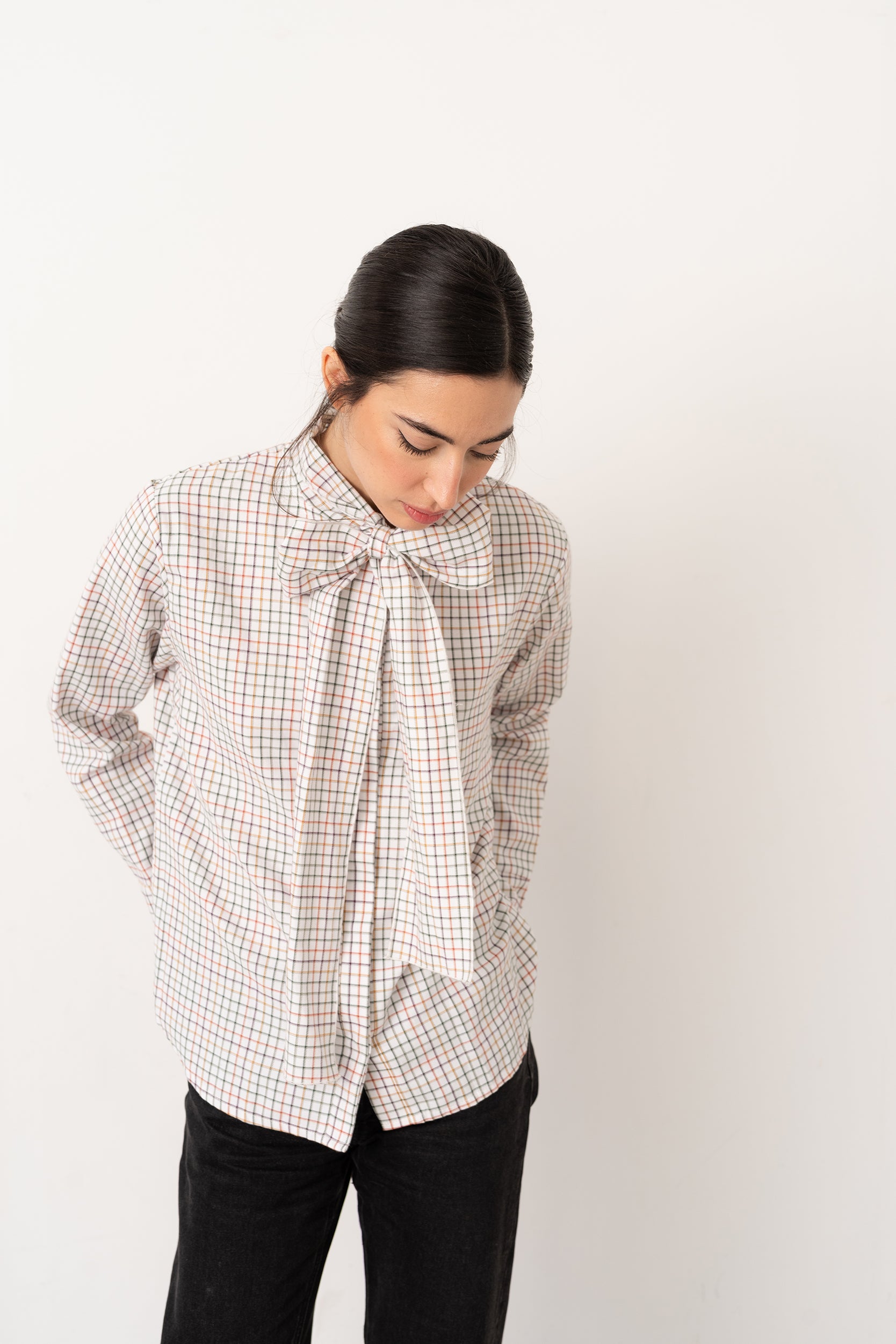 Camisa lazada cuadros beige claro - Vanó Studio