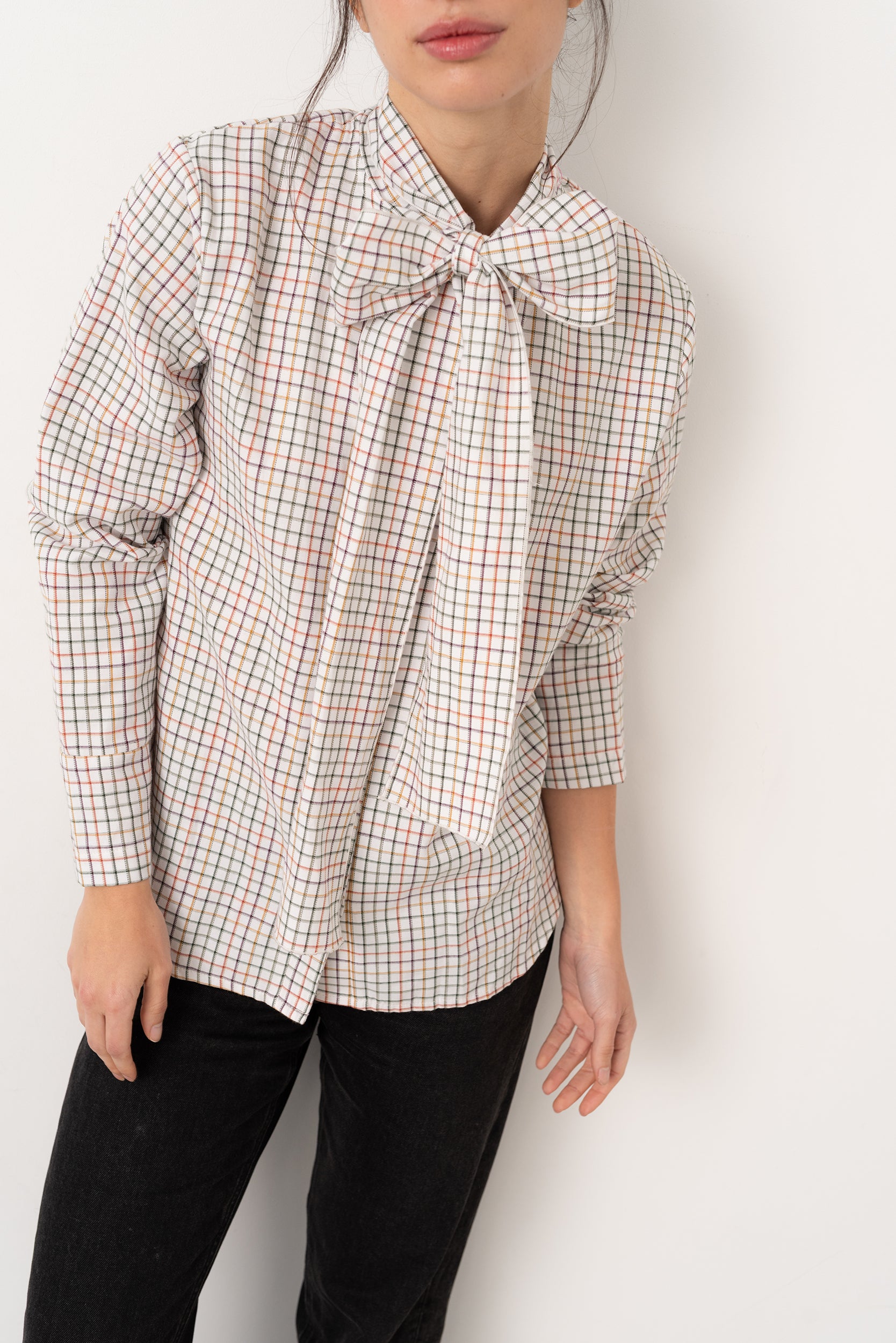 Camisa lazada cuadros beige claro - Vanó Studio